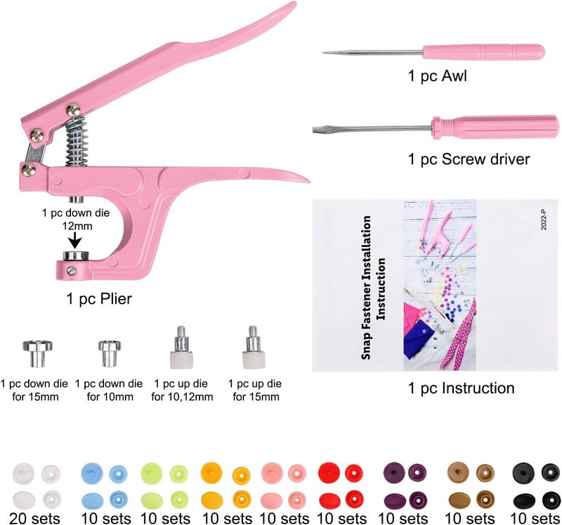 LBTEE Plastic Snap Fastener Kit with Plier Screwdriver Awl and Storage Case, 100 Sets Snaps, 9 Colors T5 Buttons, 12mm Cap. Snap Plier for T3(10mm), T5(12mm), T8(15mm) Buttons, Pink - Image 4